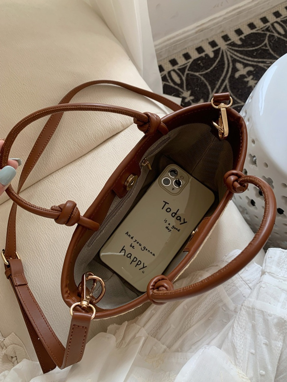 Woven Straw Tote Bag with Brown Trim - Picture 2 of 5